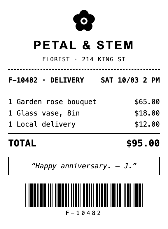 Florist receipt rendered by eatabit, with the store logo and a scannable order barcode
